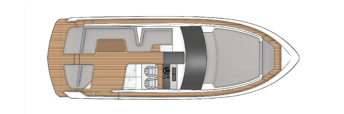 Top view of a sleek motorboat interior featuring seating areas, a helm with controls, and wooden flooring.